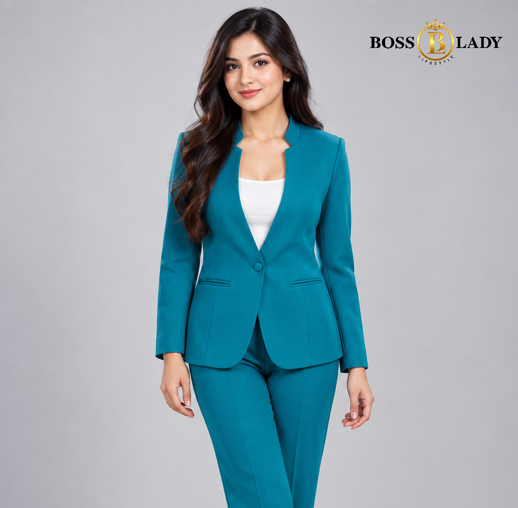 Teal Blue Stand-Collar Formal Blazer