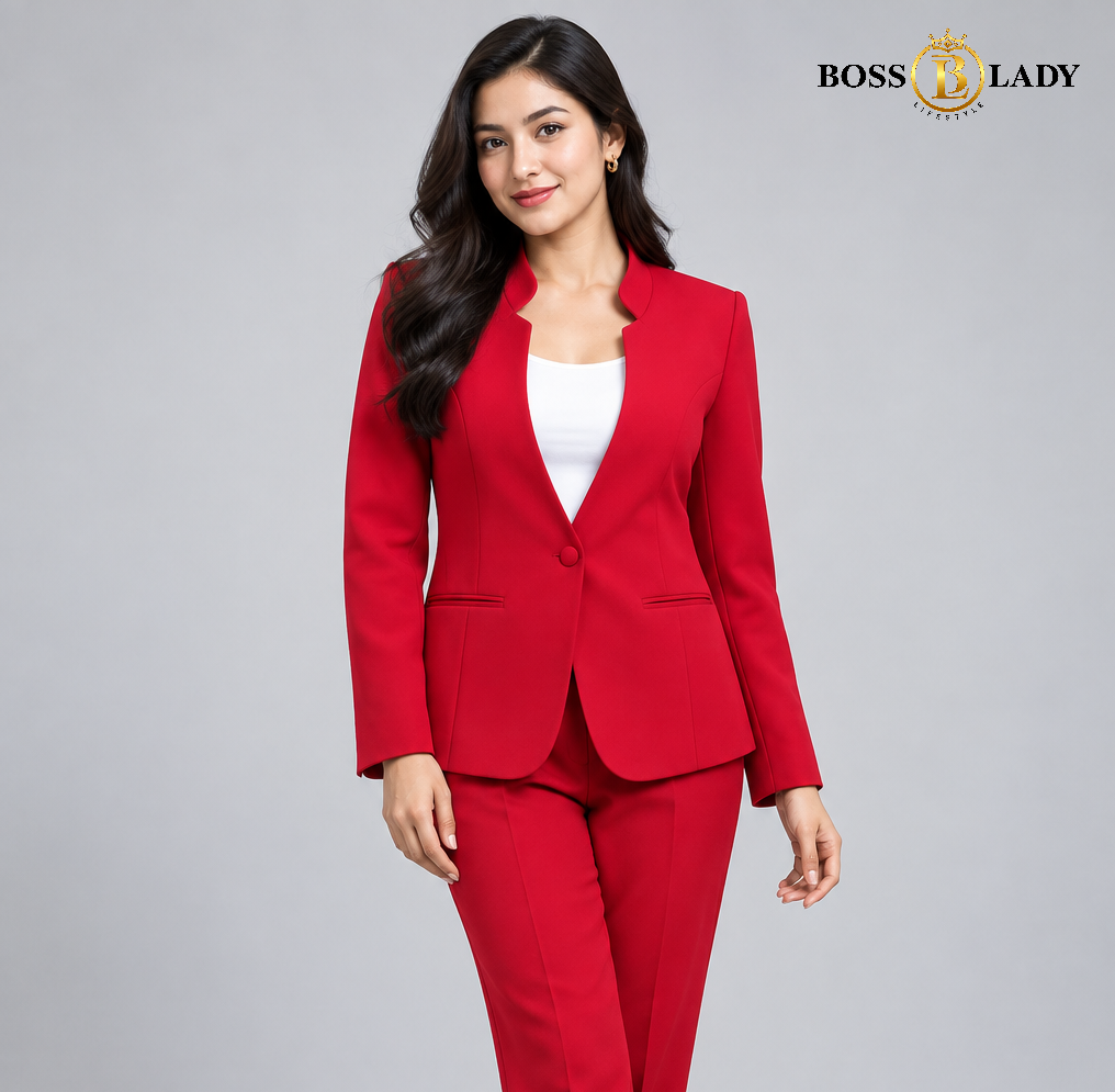 Crimson Red Stand-Collar Formal Blazer