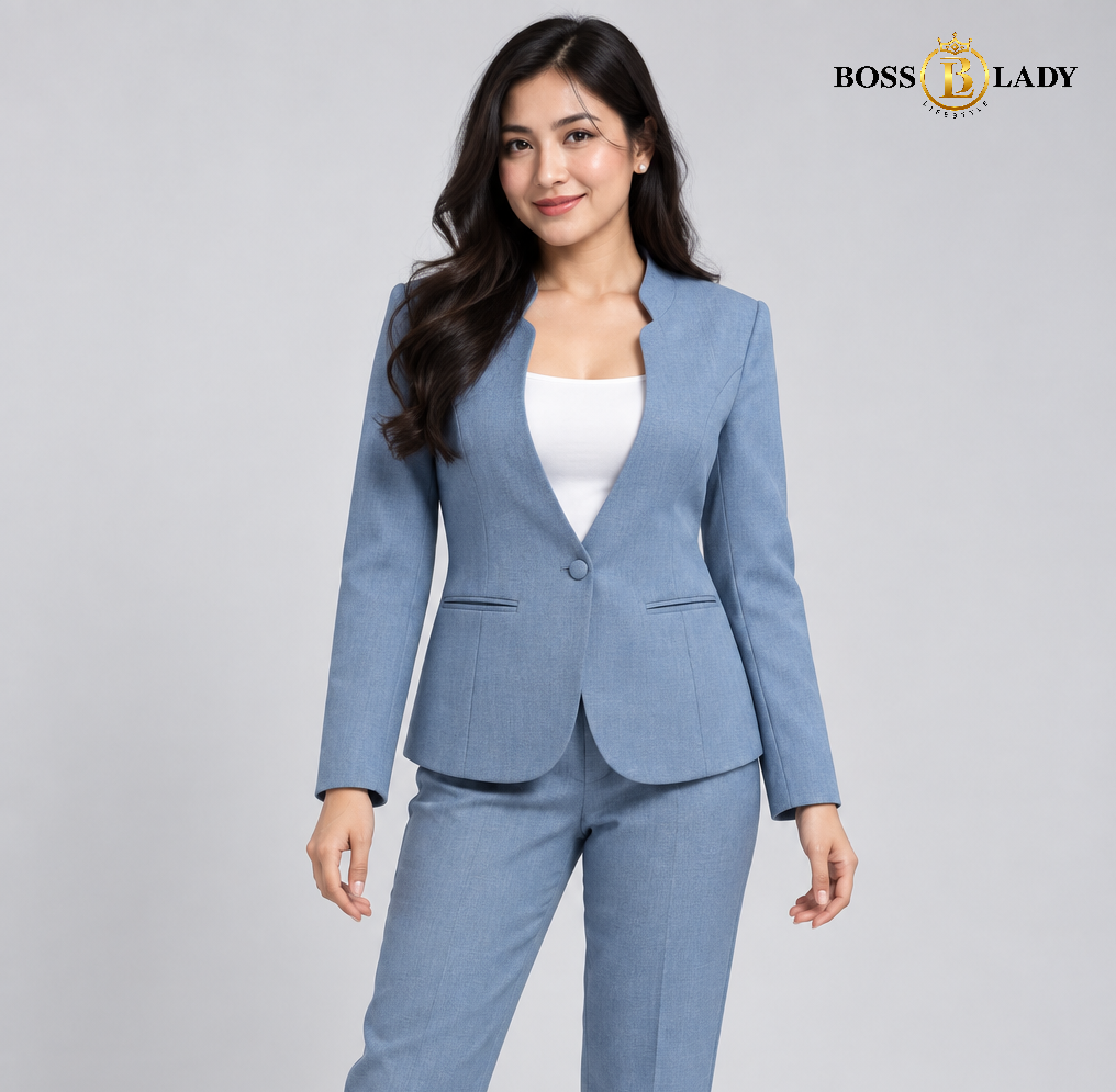 Powder Blue Stand-Collar Formal Blazer