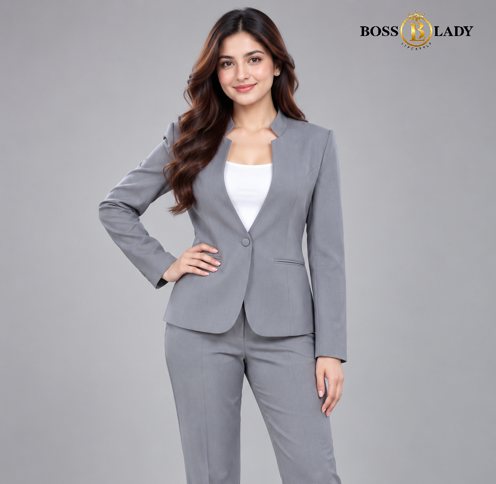 Steel Gray Stand-Collar Formal Blazer