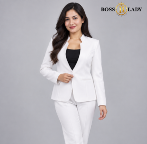 White Stand-Collar Formal Blazer