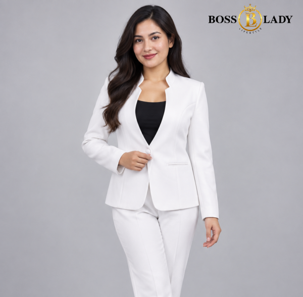 White Stand-Collar Formal Blazer