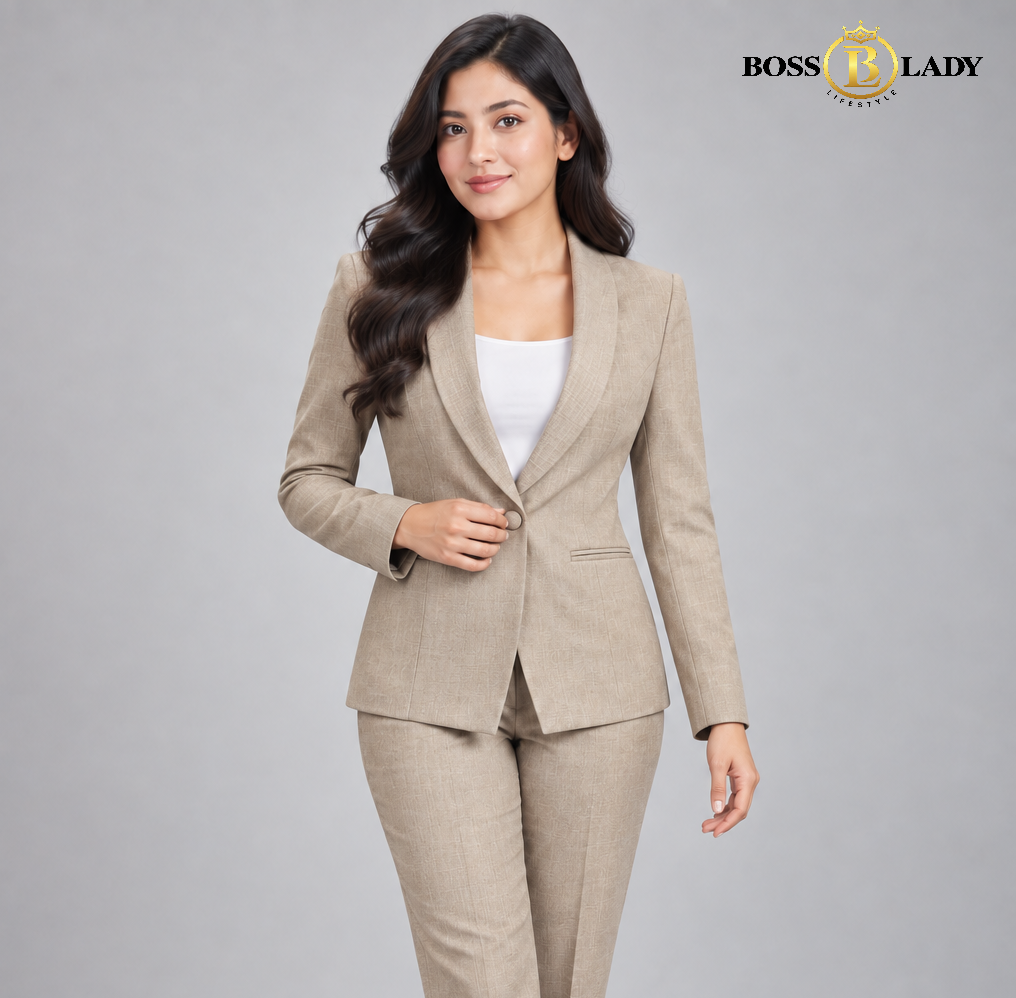 Textured Beige Shawl Lapel Formal Blazer