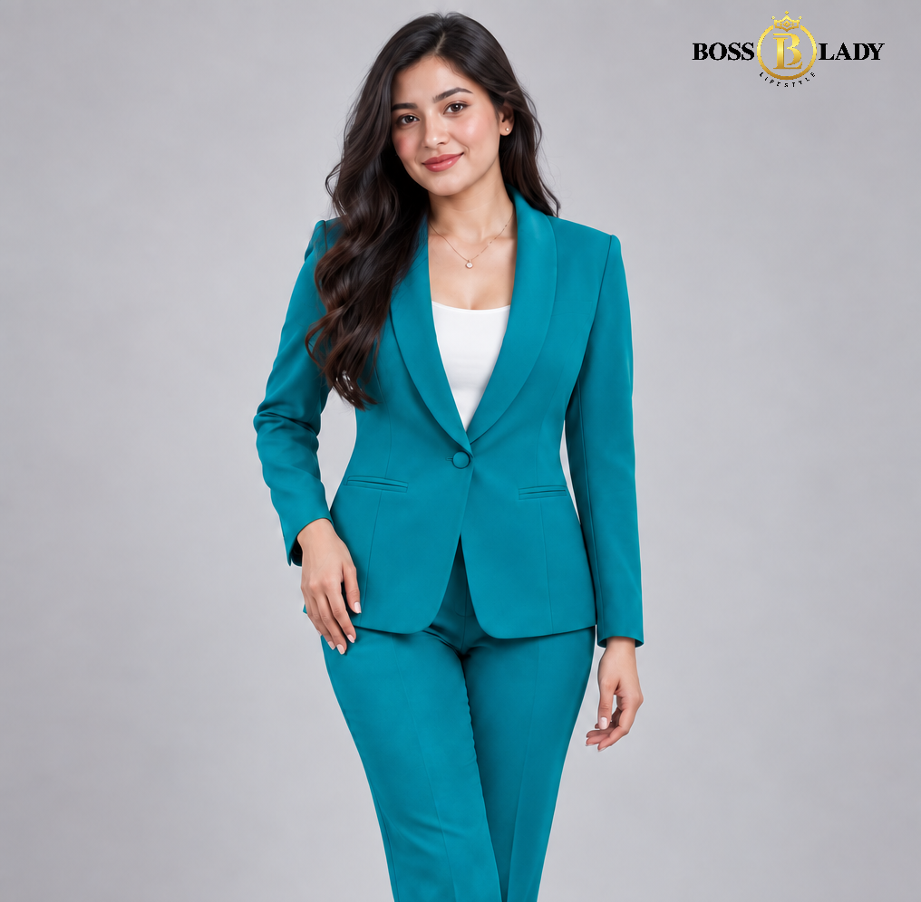 Teal Blue Shawl Lapel Formal Blazer