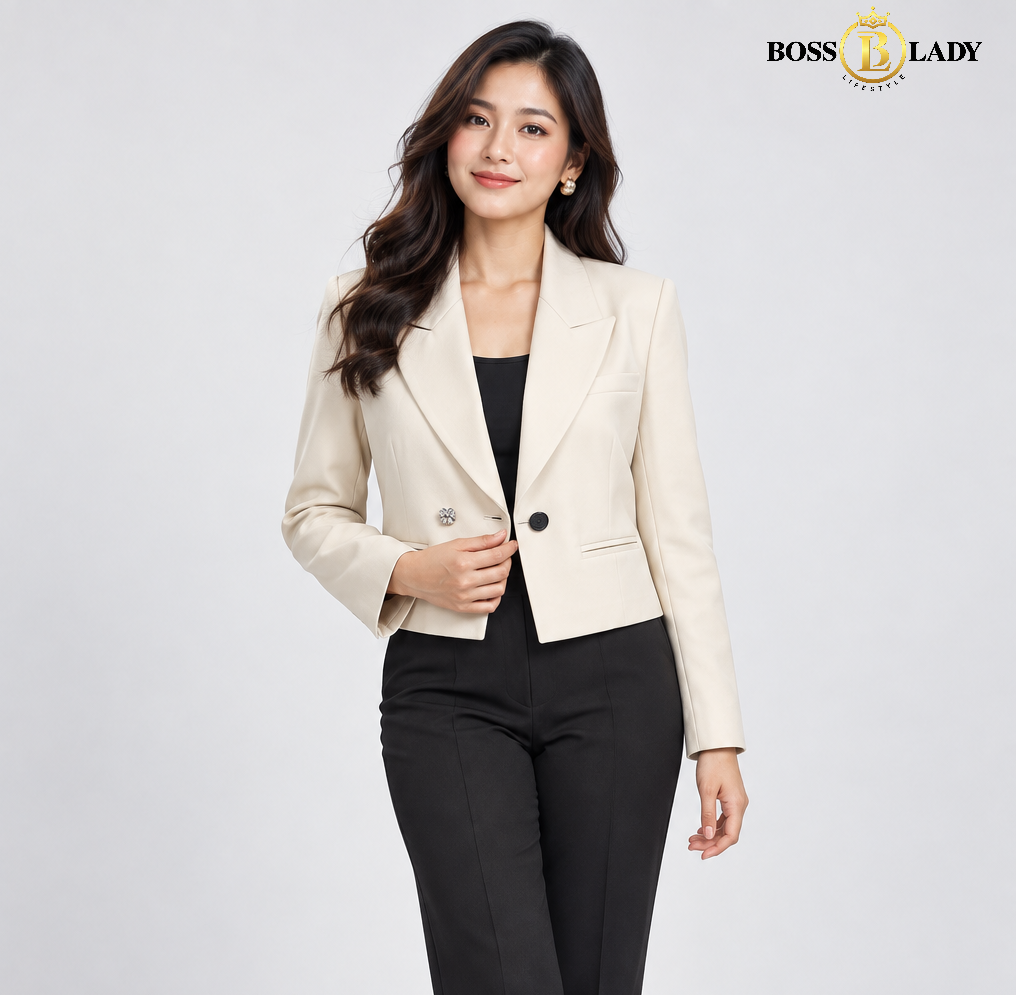 Cropped Peak Lapel Style Cream Blazer