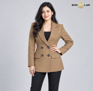 Double-Breasted Peaked-Lapel Brown Blazer