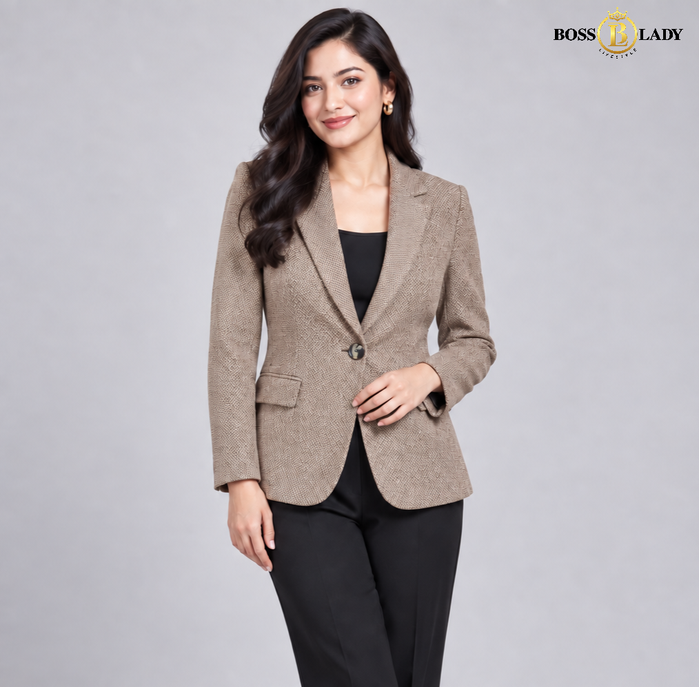Single-Button Textured Tweed Brown Blazer