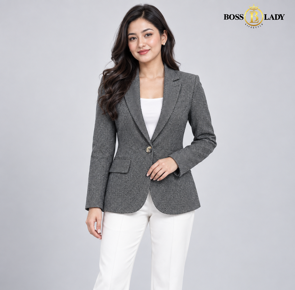 Single-Button Textured Tweed Gray Blazer