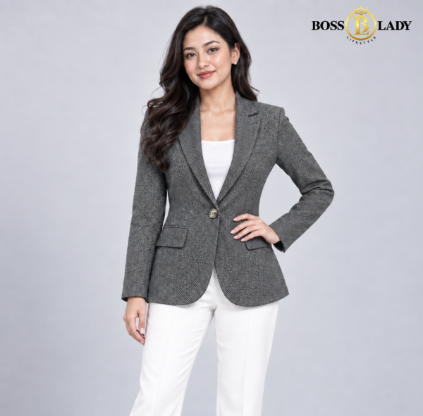 Single-Button Textured Tweed Gray Blazer