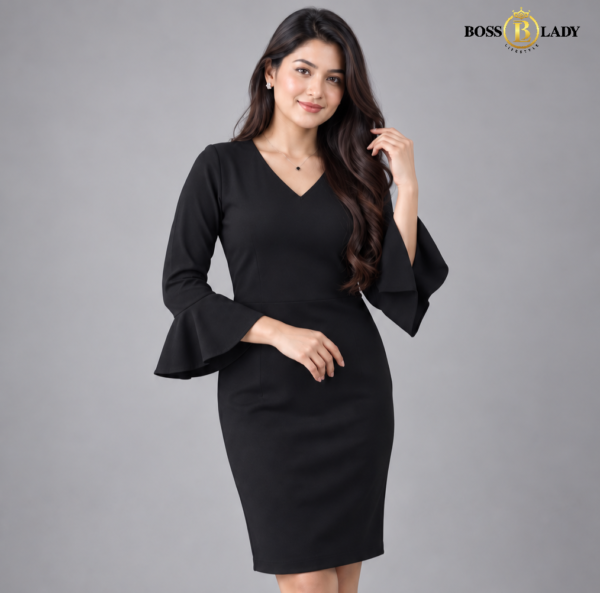 Black Flared-Sleeve Sheath Dress