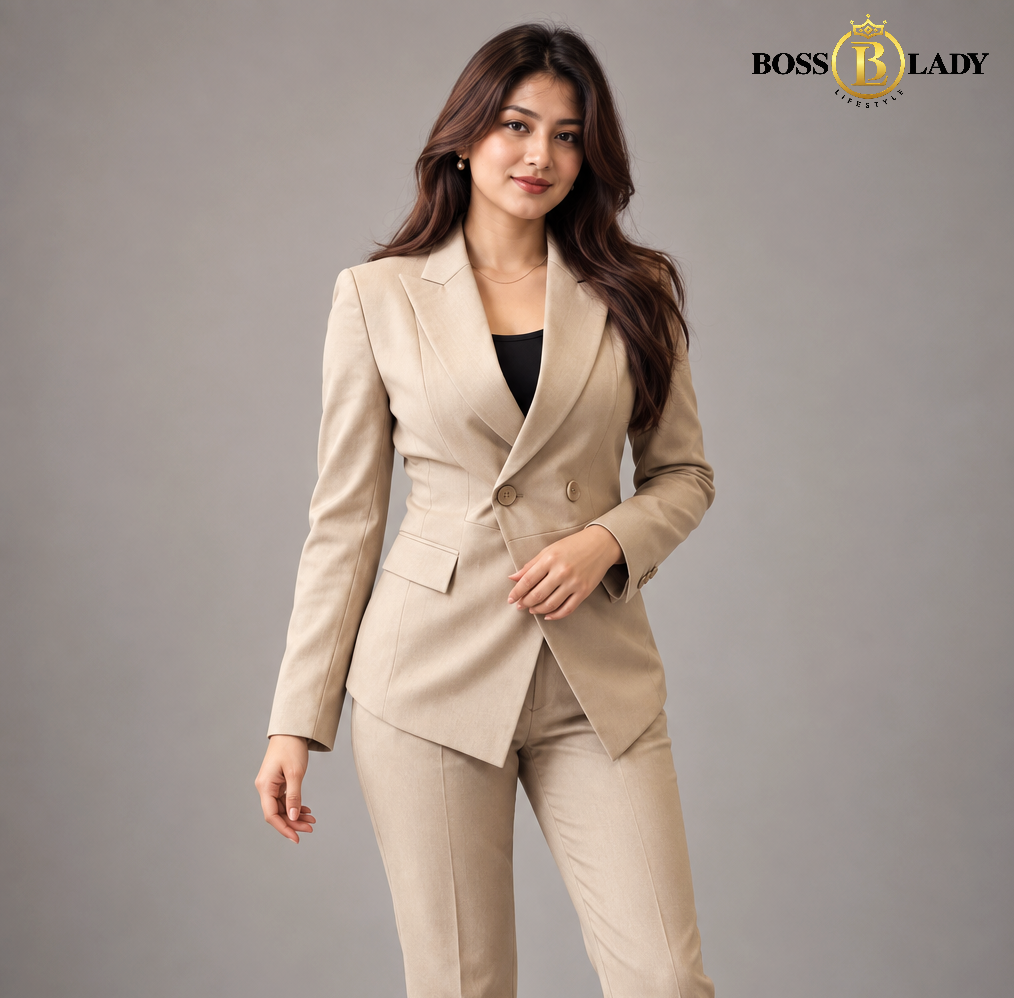 Double-Breasted Tailored Cream Formal Blazer