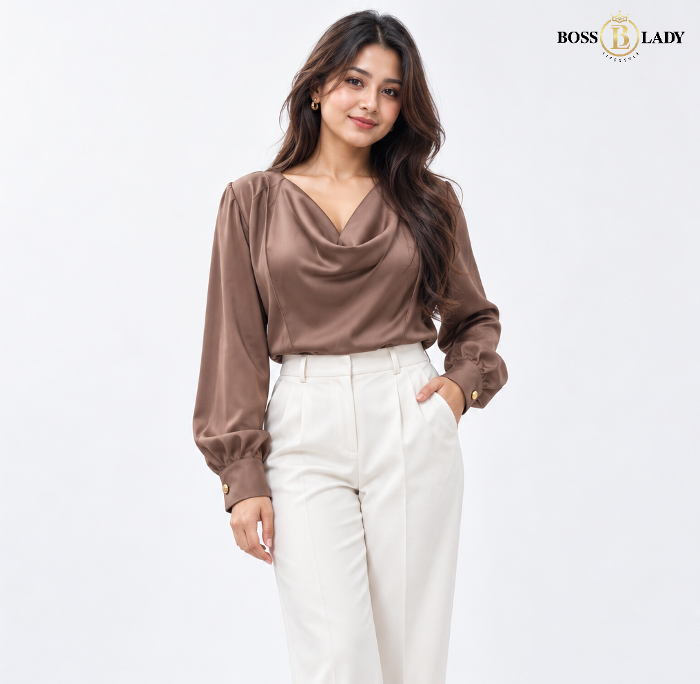 Brown Cowl-Neck Satin Shirt
