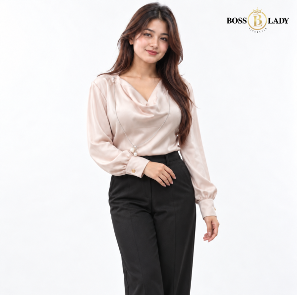 Cream Cowl-Neck Satin Shirt