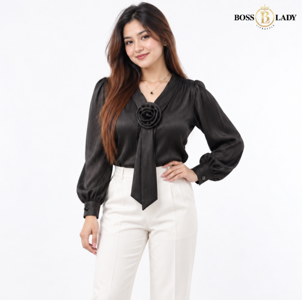 Rosette Tie-Neck Black Shirt