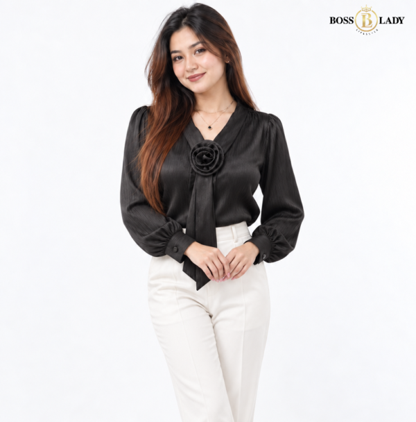 Rosette Tie-Neck Black Shirt