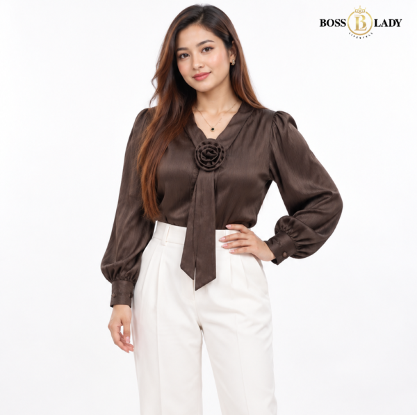 Rosette Tie-Neck Brown Shirt