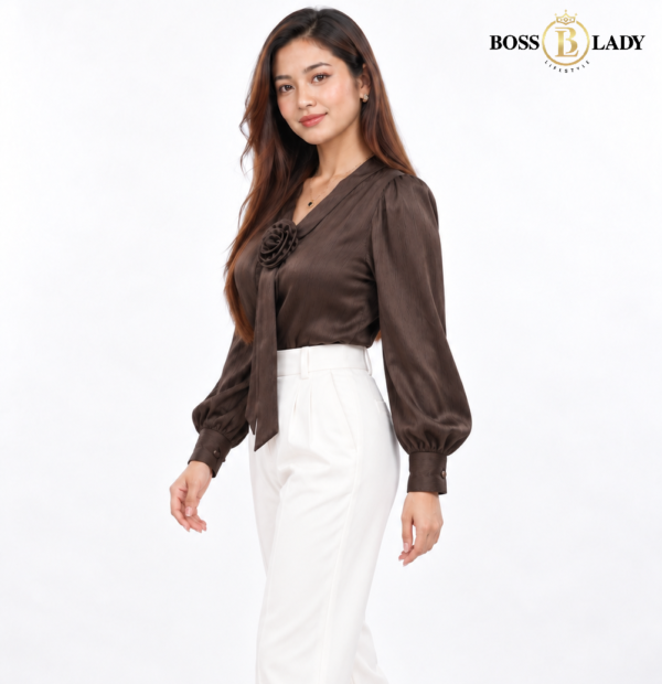 Rosette Tie-Neck Brown Shirt