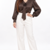 Rosette Tie-Neck Brown Shirt