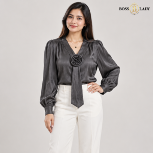Rosette Tie-Neck Purple Shirt