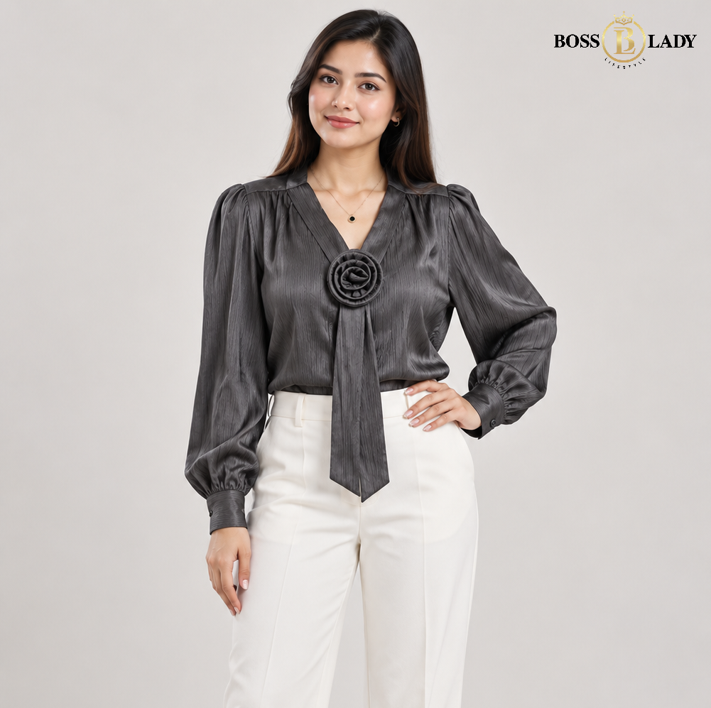 Rosette Tie-Neck Purple Shirt