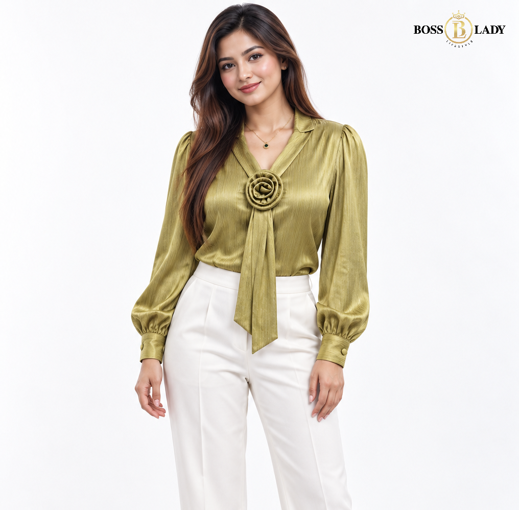 Rosette Tie-Neck Golden Olive Shirt