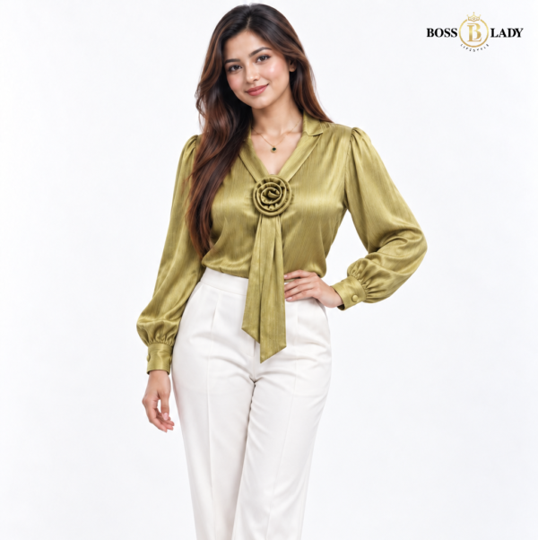 Rosette Tie-Neck Golden Olive Shirt