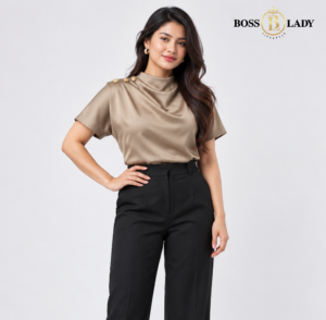 Draped High-Neck Satin Brown Shirt