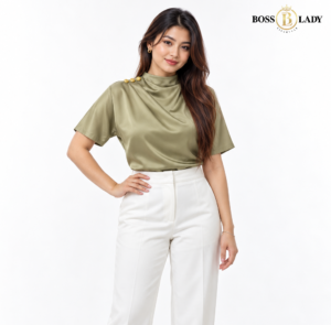 Draped High-Neck Satin Green Shirt