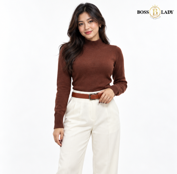 Classic High-Neck Knit Brown Sweater