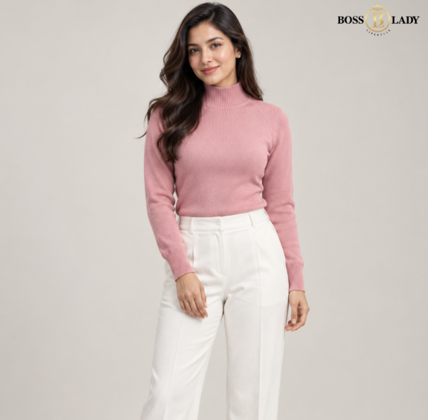 Classic High-Neck Knit Pink Sweater