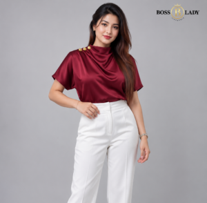 Draped High-Neck Satin Maroon Shirt