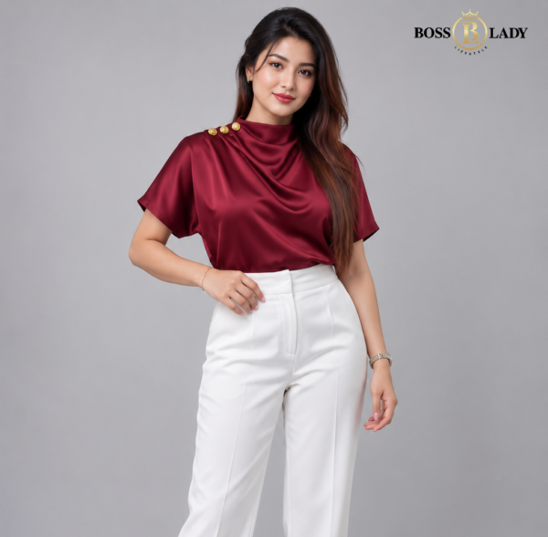 Draped High-Neck Satin Maroon Shirt