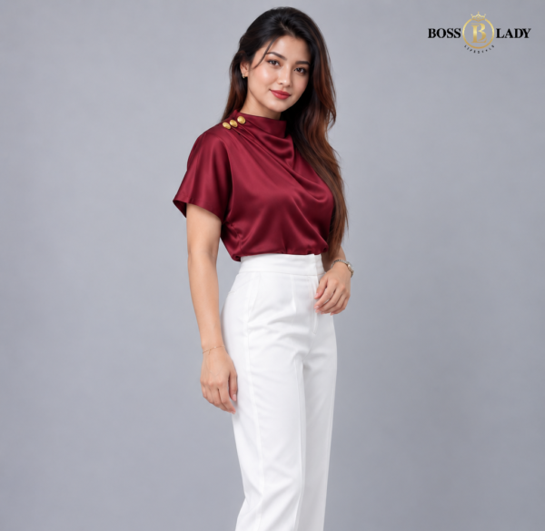 Draped High-Neck Satin Maroon Shirt