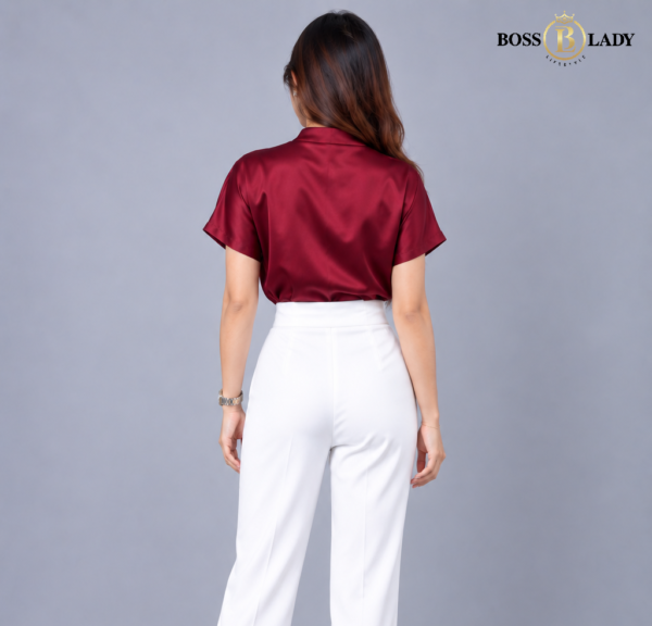 Draped High-Neck Satin Maroon Shirt