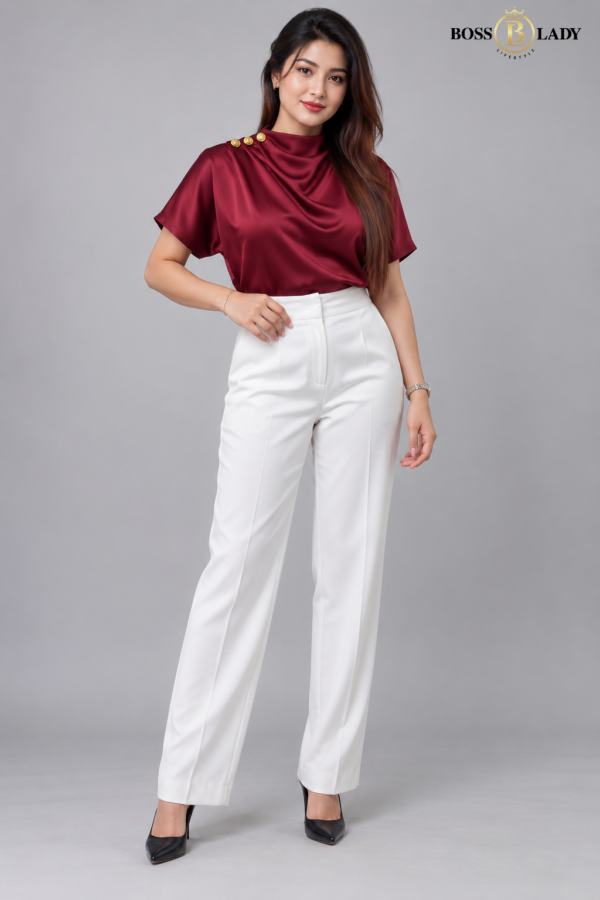 Draped High-Neck Satin Maroon Shirt