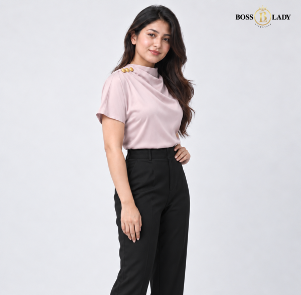 00000 HPK 1 Draped High-Neck Satin Pink Shirt