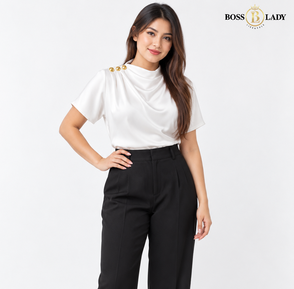 Draped High-Neck Satin White Shirt