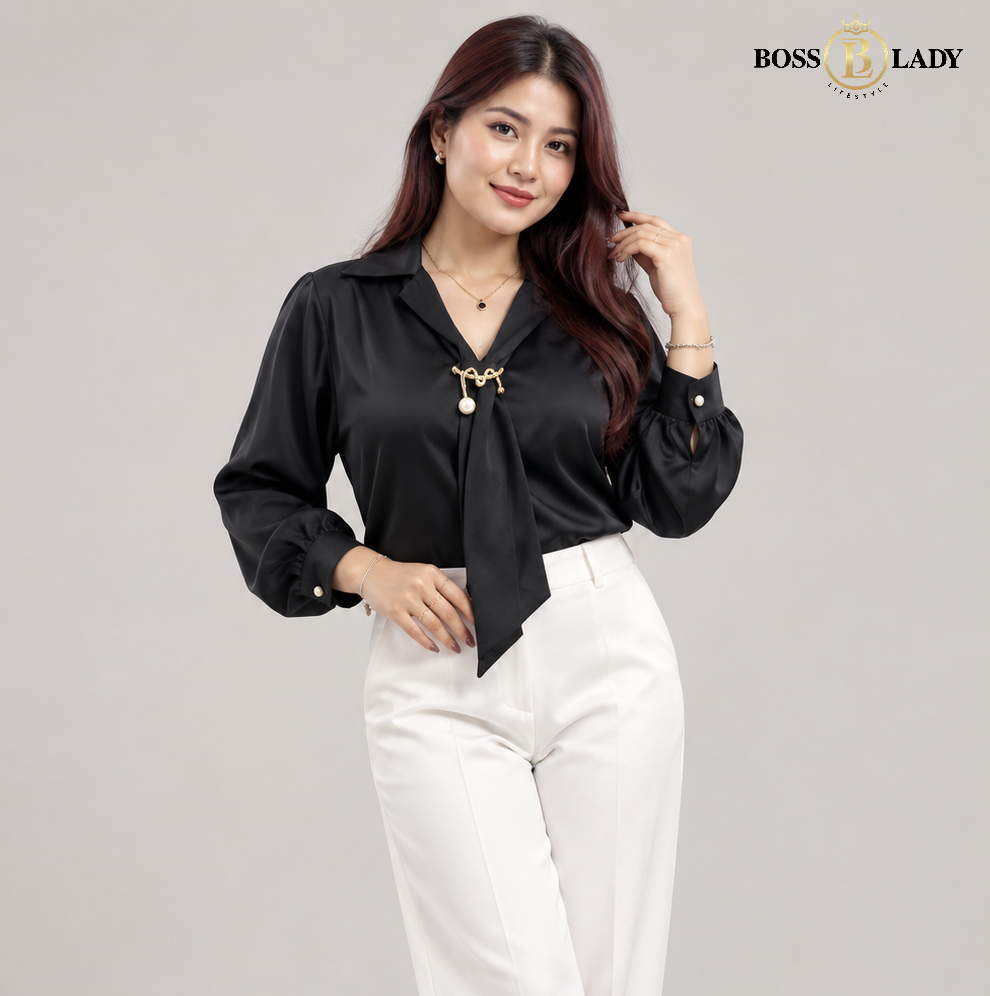 Embellished Tie-Neck Satin Black Shirt