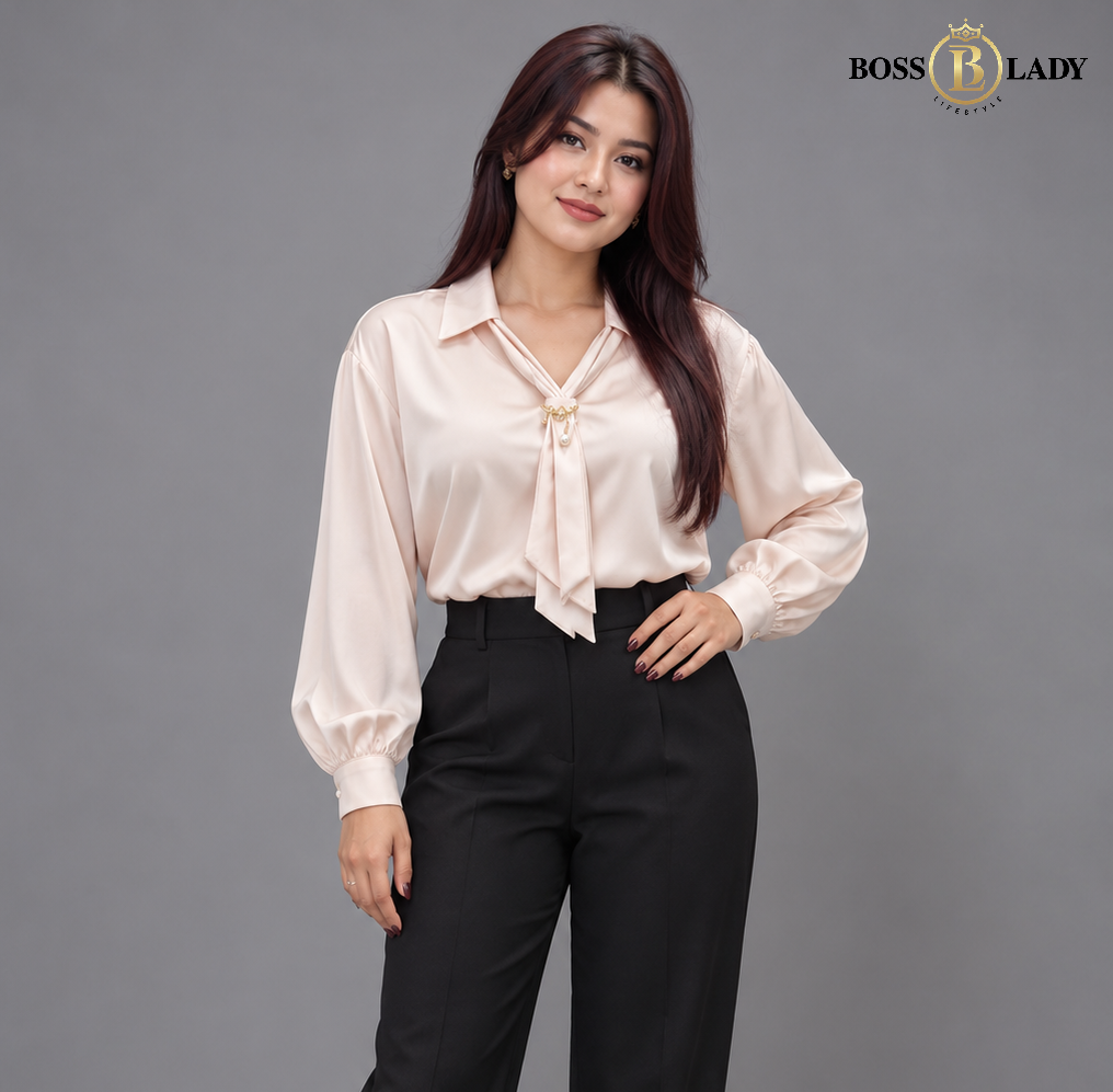 Embellished Tie-Neck Satin Cream Shirt