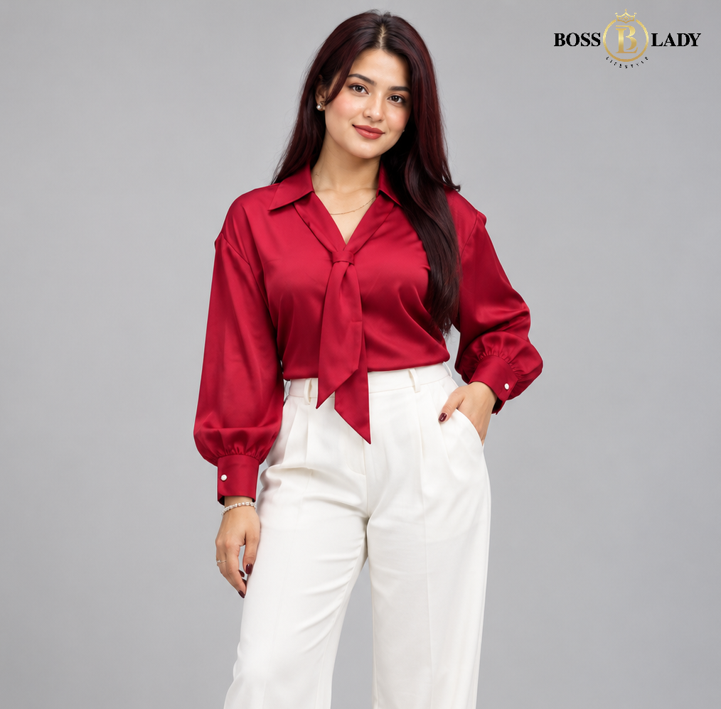 Embellished Tie-Neck Satin Crimson Red Shirt