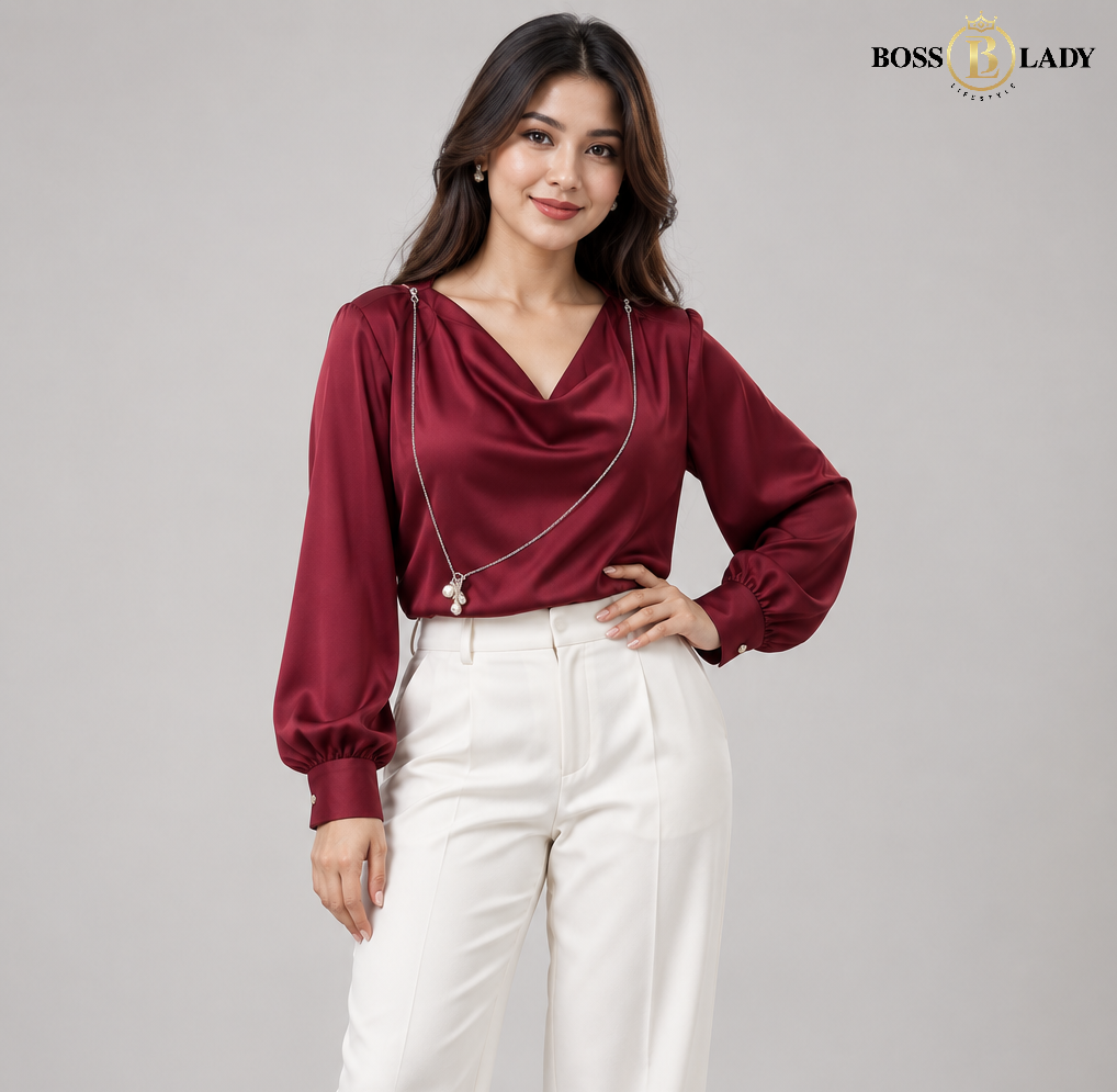 Maroon Cowl-Neck Satin Shirt