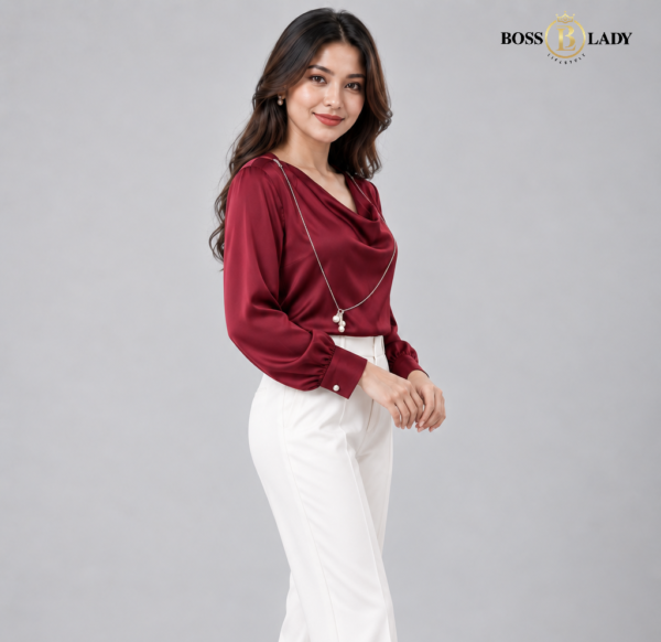 Maroon Cowl-Neck Satin Shirt