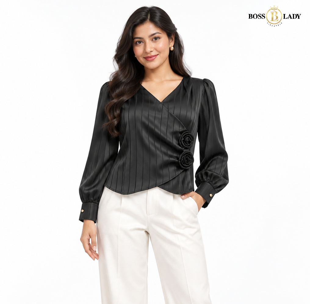 Rosette Wrap-Style Satin Black Shirt