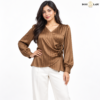 Rosette Wrap-Style Satin Brown Shirt