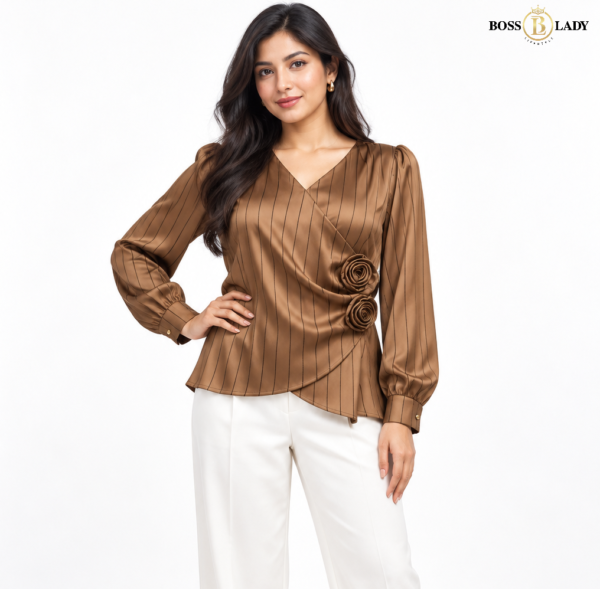 Rosette Wrap-Style Satin Brown Shirt