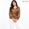 Rosette Wrap-Style Satin Brown Shirt