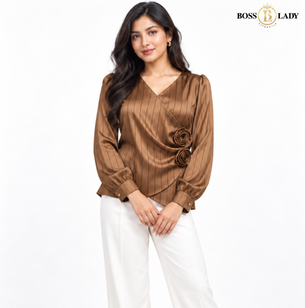 Rosette Wrap-Style Satin Brown Shirt