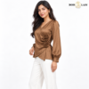 Rosette Wrap-Style Satin Brown Shirt