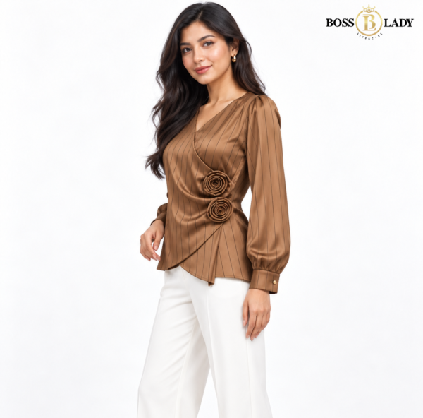 Rosette Wrap-Style Satin Brown Shirt