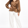 Rosette Wrap-Style Satin Brown Shirt